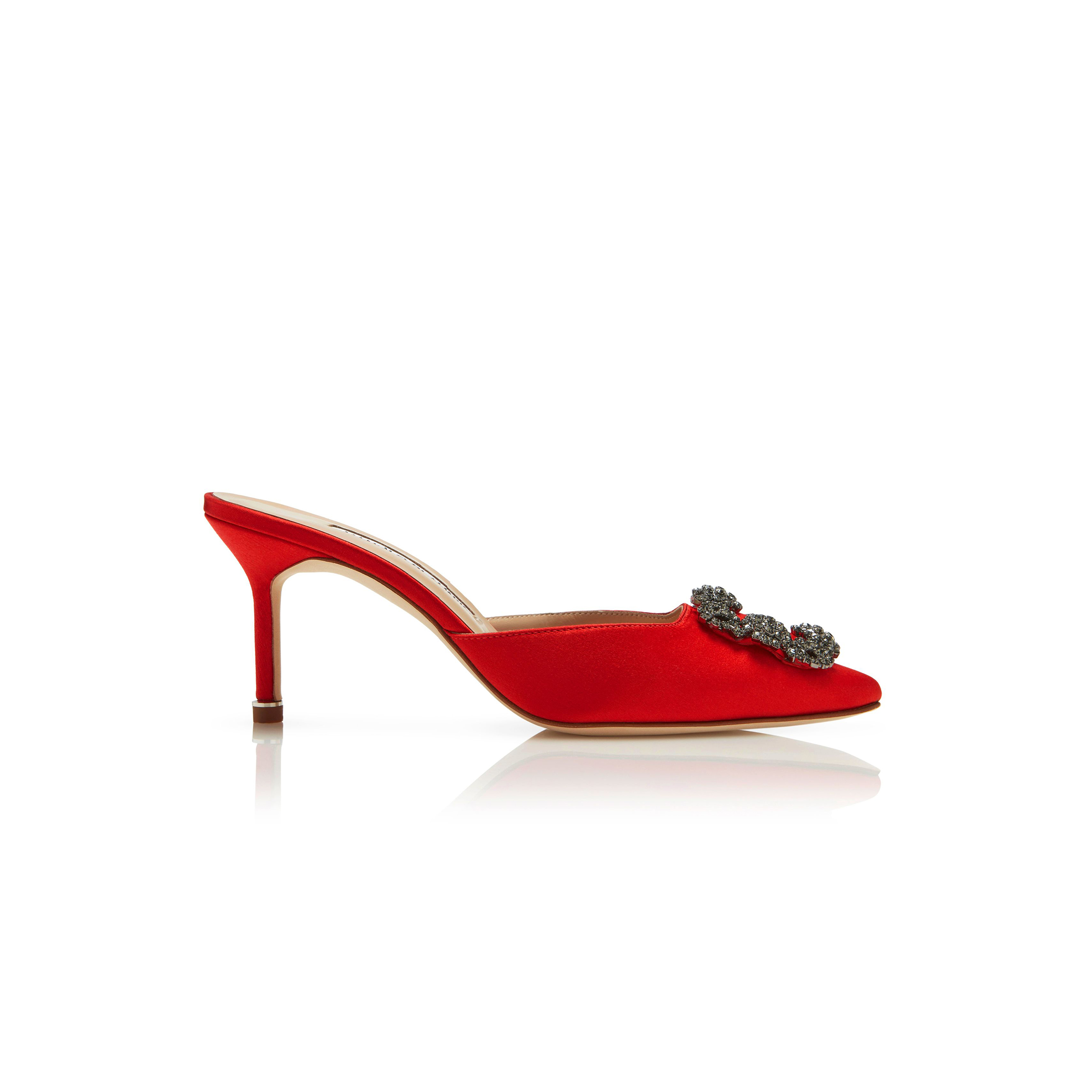 MANOLO BLAHNIK HANGISIMU RED SATIN JEWEL BUCKLE MULES 9XX-0726-0041